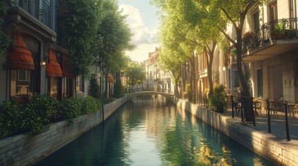 Fototapeta premium Idyllic Canal-Side Scene: Charming European Town - Peaceful canal, sunlit buildings, lush greenery, bridge, outdoor cafe; symbolizes tranquility, charm, travel, escape, and beauty.