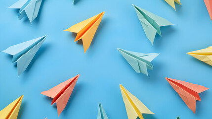 Flat lay with colorful paper planes on blue surface