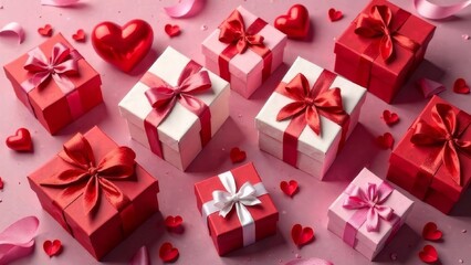 A collage of gift boxes, hearts, ribbons, and petals, creating a festive and romantic atmosphere, gift, surprise for your beloved, card, poster, wallpaper,valentine's day, love