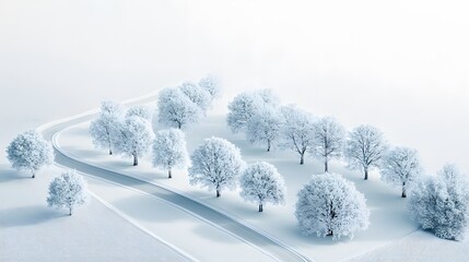 Fototapeta premium A snowy landscape with trees covered in snow, a white sky, and a path leading to the horizon.