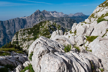Scenic view of pristine rugged mountain peaks of Kanin massif, Julian Alps, Italy, Europe. Wild...