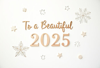 Obraz premium Happy New Year 2025 wishes with wooden text To a Beautiful 2025 surrounded by decorative stars and snowflakes on white background New Years composition Festive mood winter holiday celebration