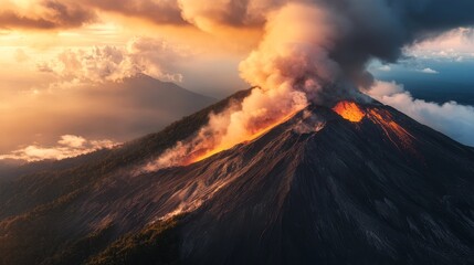 Fototapeta premium Majestic Volcanic Eruption at Sunset - Volcano erupting, sunset sky, fiery lava, dramatic clouds, mountain landscape. Power, nature, destruction, beauty, renewal.