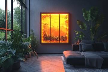 A cozy room with a glowing window view of a vibrant, sunset-lit landscape.