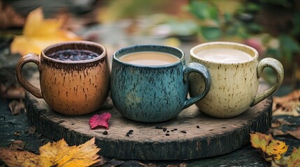 Three colorful mugs of coffee or tea on a wooden surface surrounded by autumn leaves.