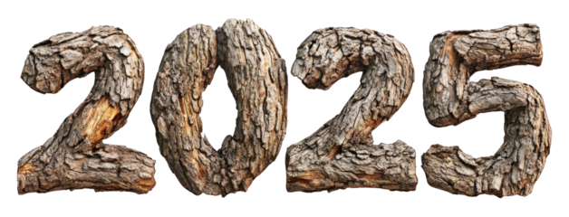 3D 2025 text with tree bark texture