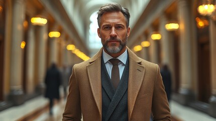 Fototapeta premium A well-dressed man stands confidently in a grand hallway during the evening