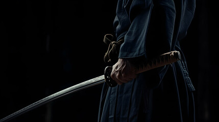 Partial view of kendo fighter holding bambo sword on black