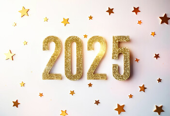 2025 Happy New Year gold numbers with shining lights and stars festive background new year celebration party greeting card invitation calendar cover banner template gold metallic number 2025 new year