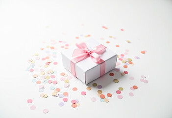 White gift box with pink ribbon and pastel confetti on white background celebration birthday party wedding anniversary holiday greeting card invitation surprise present minimal festive decoration