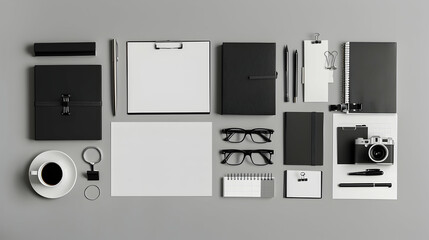 flat lay with black and white stationery at workplace on grey background