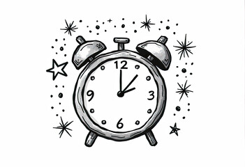 Retro Alarm Clock with Stars and Dots Midnight Wake Up Call Time Management Reminder Sleep Schedule Doodle Art Hand Drawn Illustration Black and White Vintage Style Graphic Design Element Isolated on