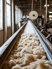 Raw Cotton on Conveyor Belt in Textile Factory - Cotton processing, textile industry, manufacturing, raw material, fiber production.
