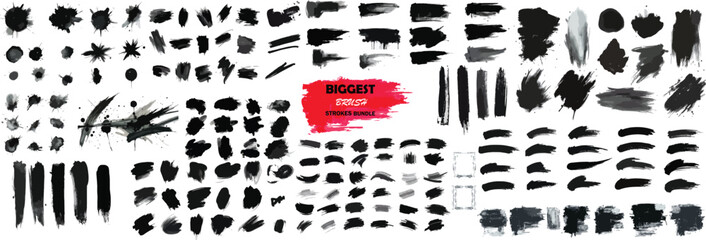 Biggest collection of black paint, ink brush strokes, brushes, lines, grungy. Artistic design strokes. Vector illustration. Isolated on white background. Freehand drawing.