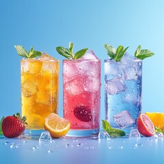 Refreshing summer drinks with citrus and berries bright blue background beverage photography vibrant setting close-up focus