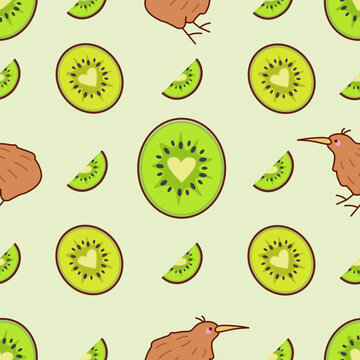Vector seamless pattern kiwi fruit and kiwi bird