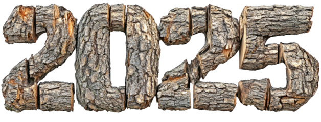 3D 2025 text with tree bark texture