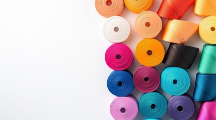 Fototapeta premium Colorful Spools of Ribbons in Various Shades Displayed on a White Background for Craft and Decoration Projects