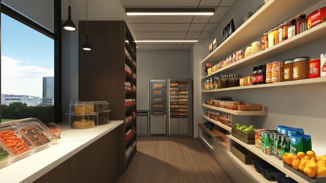 Modern office pantry with snacks, drinks, and food.