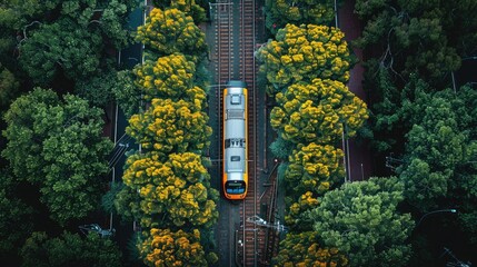 Aerial view of a train traveling through a lush green landscape with yellow flowering trees.