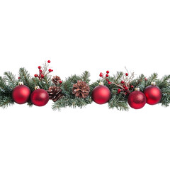 Festive Christmas Garland with Red Ornaments, Pine Cones, and Berries on Evergreen Branches - Perfect for Holiday Decoration and Celebration