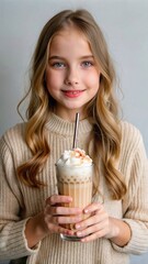 A cheerful girl in a cozy sweater holding a creamy caramel milkshake with whipped cream