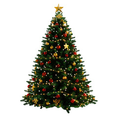 Beautifully Decorated Christmas Tree with Golden Star Topper, Red and Gold Ornaments, and Twinkling Lights
