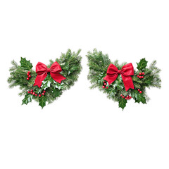 Festive Christmas Wreaths with Red Bows and Holly Berries on Evergreen Branches - Perfect for Holiday Decoration and Celebration