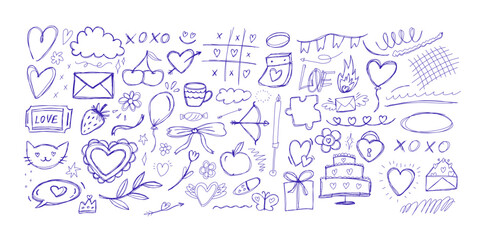 Blue ballpen scribble Valentine's Day art collection. Simple scratch squiggle lines set. Hand drawn hearts, underline strokes, doodles and arrows. Grunge marker stroke