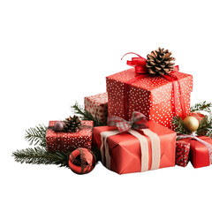 Festive Christmas Gifts Wrapped in Red and White Paper with Pinecones and Ornaments, Surrounded by Evergreen Branches - Perfect for Holiday Decoration and Celebration