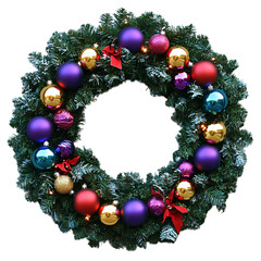 Festive Christmas Wreath with Colorful Ornaments and Red Bows - Holiday Decoration on Green Pine Branches