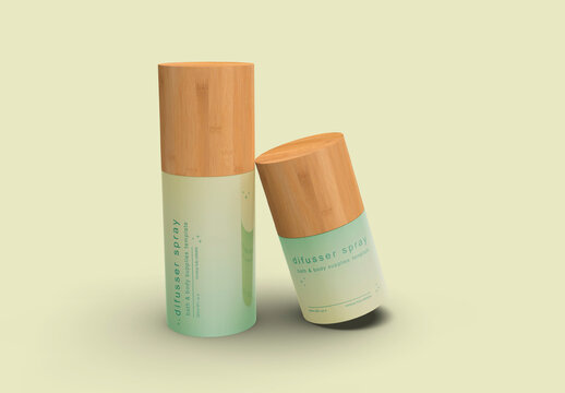 3d Cosmetic Bottles with Wooden Lid Mockup