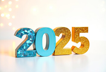 Happy New Year 2025 Elegant gold text Cheers to a Bright 2025 with light bokeh New years eve celebration gold and blue number 2025 on white background with golden glitter and bokeh lights festive