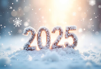 Happy New Year 2025 Snowy Numbers in Winter Wonderland Background with Snowflakes and Sunlight for Greeting Cards and Festive Designs