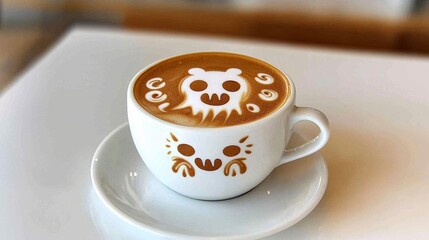 Obraz premium Creative Coffee Art with Cute Animal Faces in a White Cup on a Clean Table, Showcasing Beautiful Latte Art Designs and Inviting Ambiance
