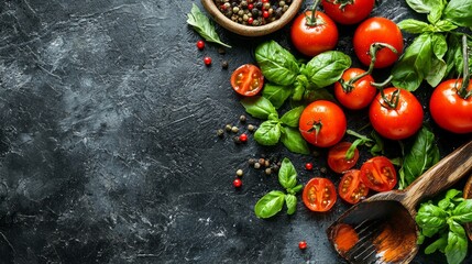 Vibrant and Fresh Tomatoes paired with Aromatic Basil presented on a Dark and Elegant Background