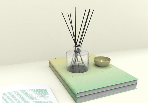 3d Diffuser Glass Bottle with Magazines Mockup