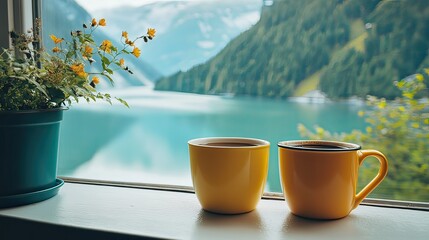 Obraz premium Two coffee cups sit on a windowsill with a scenic mountain view and flowers nearby.