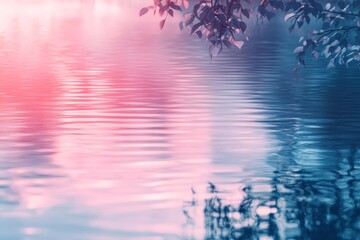 Serene Pink and Blue Water Reflection - Tranquil water, soft light, pink and blue hues, nature reflection, peaceful mood.