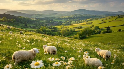 Idyllic pastoral scene sheep graze in a daisy-filled meadow overlooking a picturesque valley at sunset. © RN 3540