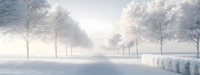 Fototapeta premium A snowy landscape with trees covered in snow, a white sky, and a path leading to the horizon.