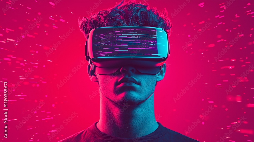 Poster digital virtual reality technology with gaming headset and graphics for interactive engagement and e