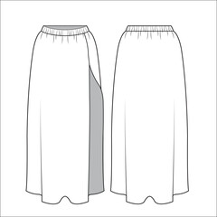 Set of asymmetric Skirts technical fashion illustration. Midi Skirts fashion flat technical drawing template, zip up, pocket, side slit, front and back view, white, women CAD mockup set.