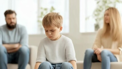 Father expresses disappointment to son during family conflict in home setting. A father reprimands his young son amid family tension in a living room.