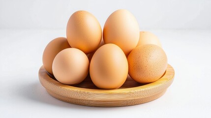 Fresh Organic Brown Eggs Displayed on Wooden Plate with Natural Light for Culinary and Healthy Eating Concept in Minimalistic Setting