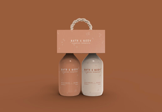 3d Set of Cosmetic Dispenser Bottles with Packaging Mockup