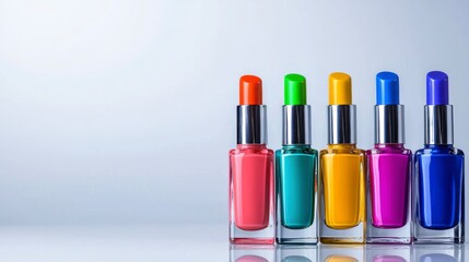 Obraz premium Vibrant Collection of Colorful Nail Polish Bottles Arranged in a Line with Smooth Background for Beauty and Fashion Themes