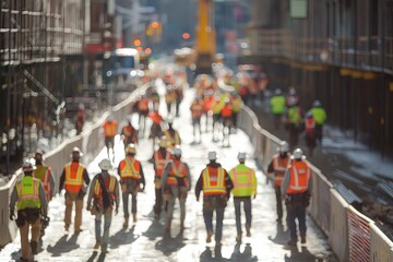 Obraz premium Bustling Construction Site Crew on Urban Construction Site