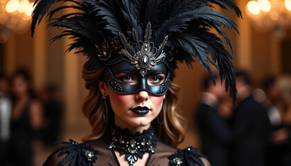 Elegant woman in black mask and feathered headpiece at masquerade ball
