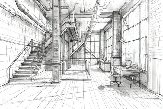 Architectural Sketch Of Modern Office Interior